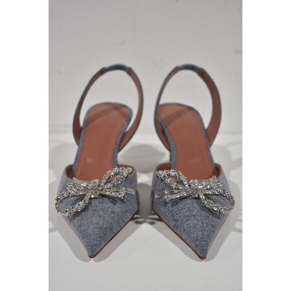 Amina Muaddi Rosie Sling Denim Blue Crystal Bow Slingback Sandal Heel Pump 38.5 - Picture 5 of 11